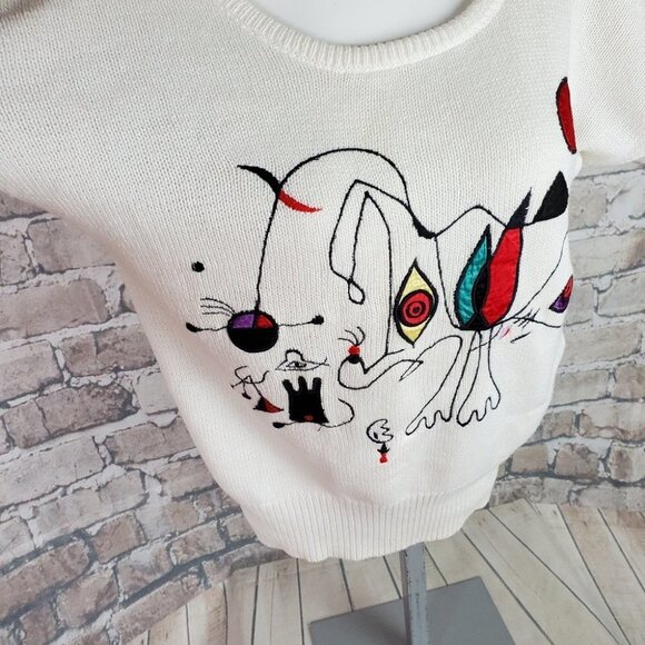 Vintage  80s Embroidered Abstract Line Art Scoop Neck Sweater Measures Medium - Picture 5 of 15